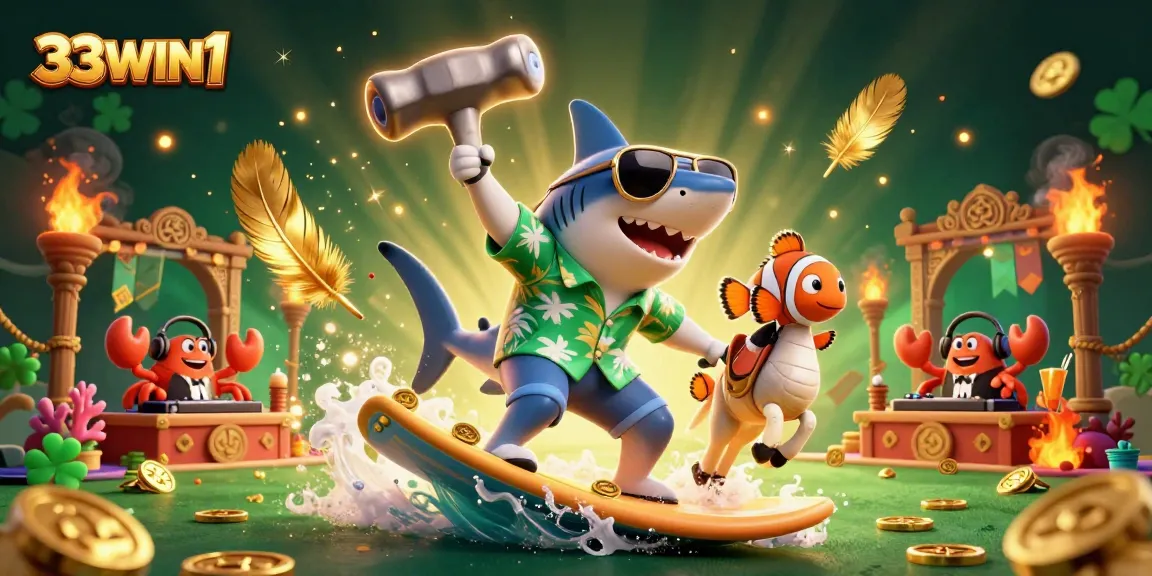 Engage with 33WIN1's thrilling casino experience featuring characters amidst golden coins in an exciting 3D scene.