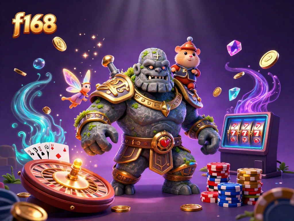 Experience thrilling gameplay at f168 with a dynamic illustration depicting a lucky scene filled with coins, cards, and magic.