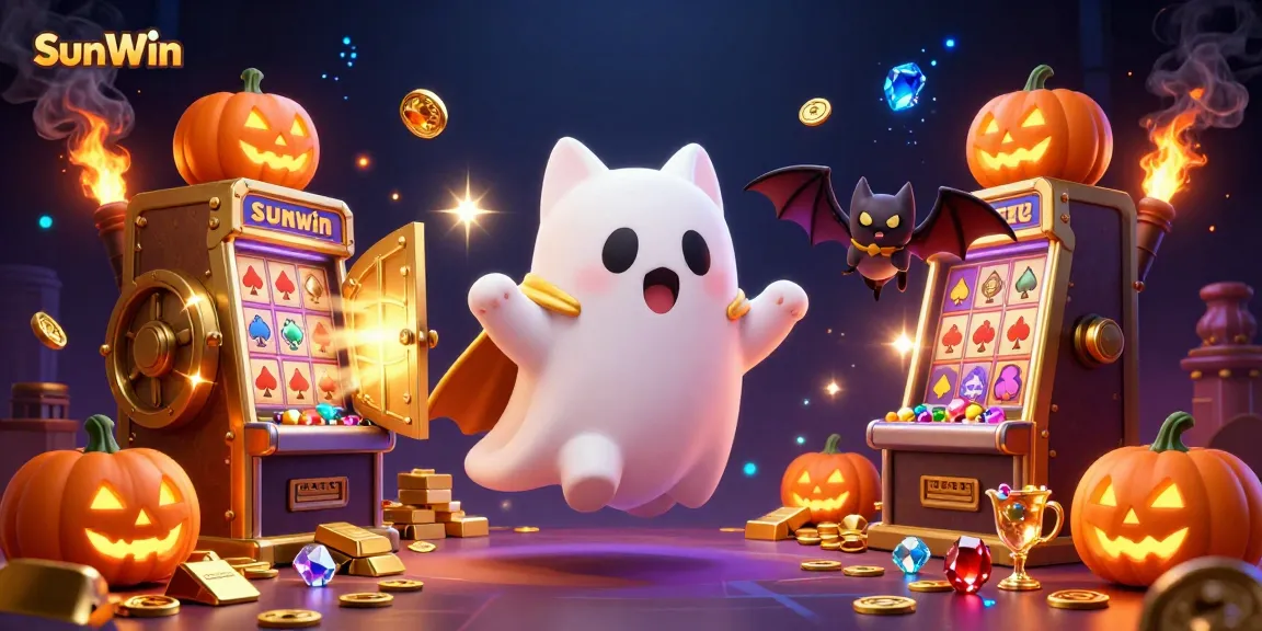 Experience the thrilling gaming atmosphere of SunWin with a friendly ghost cat and vampire bat in a haunted casino scene.