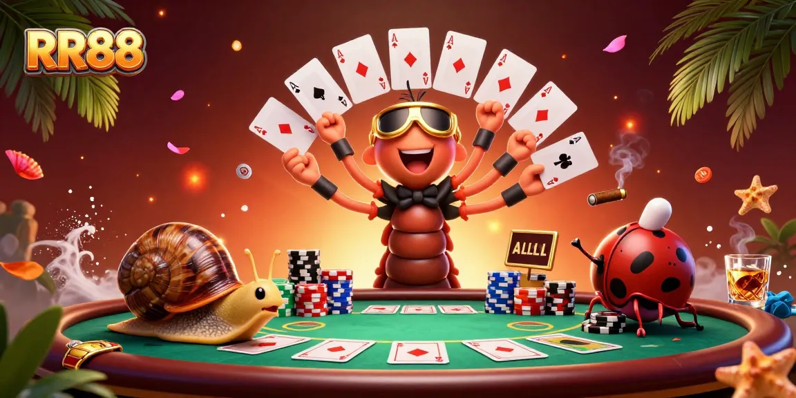 Engage in thrilling gameplay with RR88's cartoon casino scene featuring a millipede dealer and colorful poker elements.