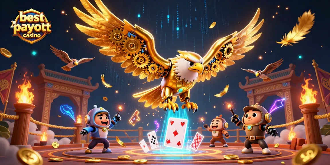 Engage with the best fast payout casino featuring a cybernetic eagle amidst vibrant playing cards and gold.