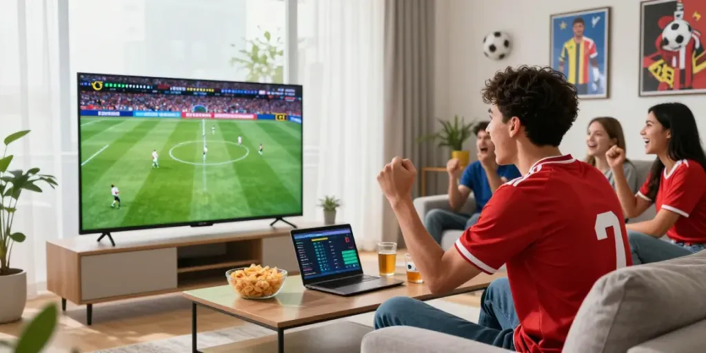 Excited viewer enjoying a live match on GavangTV in a vibrant living room.