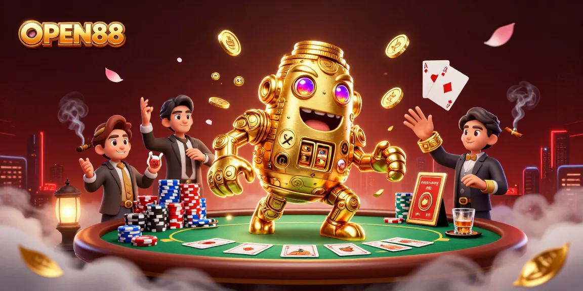 Engage with OPEN88's thrilling casino experience featuring a golden golem and poker elements.