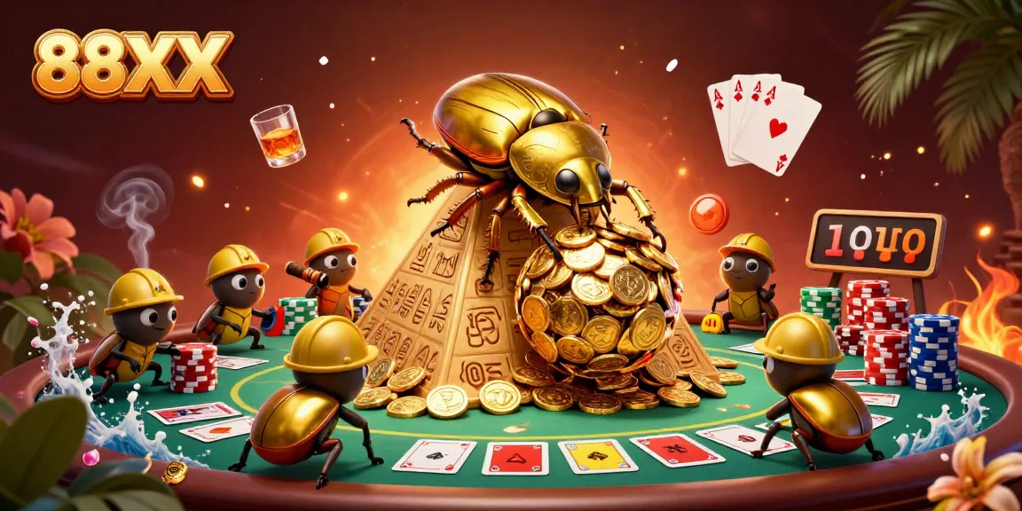 Experience the excitement of 88XX with a golden dung beetle and dynamic casino elements.