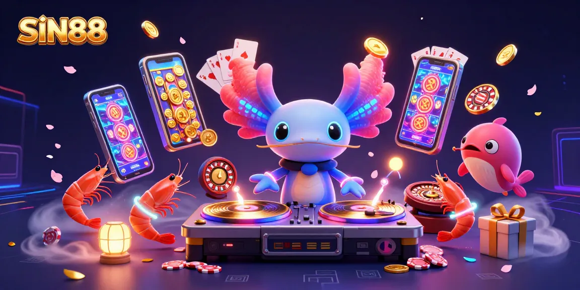 SIN88 ignites excitement in a neon-themed gambling scene featuring animated casino elements and vibrant underwater characters.