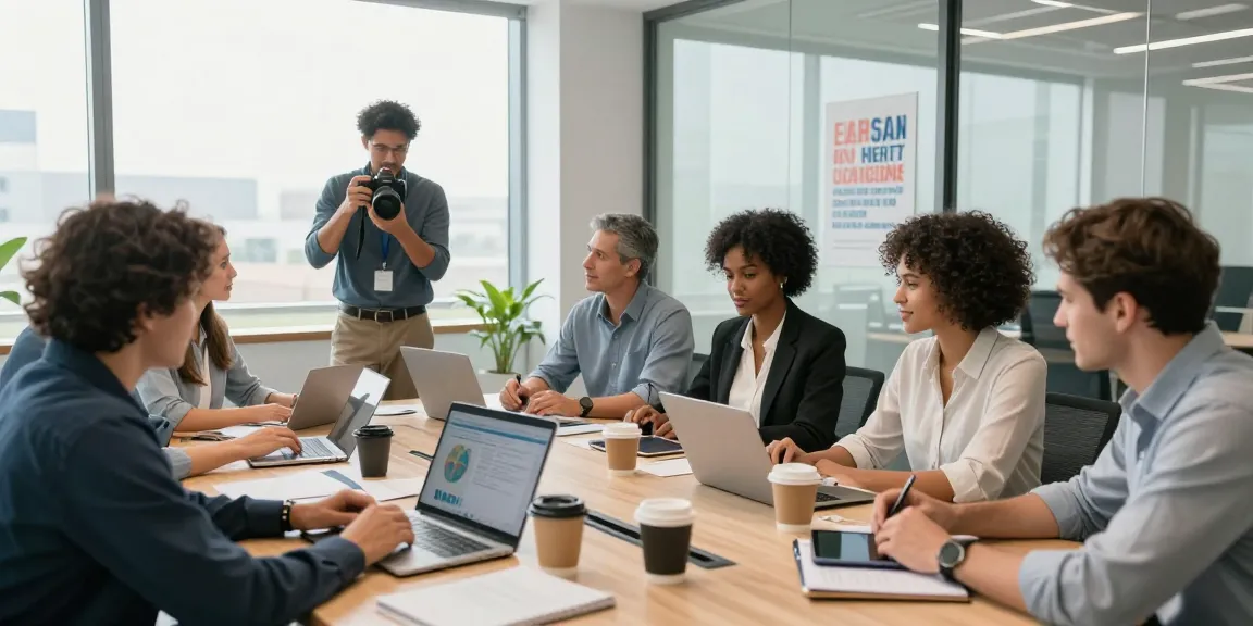 Professionale team impegnato in un Servizio Fotografico Aziendale in un ufficio moderno.