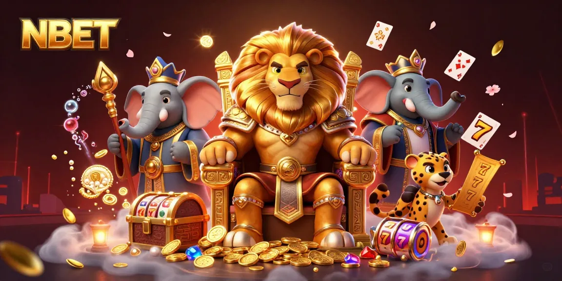 Engage in epic casino thrills with NBET, featuring a lion king and mesmerizing slot reels in this vibrant scene.