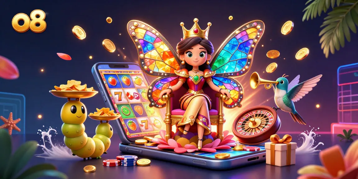 Experience the vibrant world of o8 with a butterfly queen in a colorful casino scene.