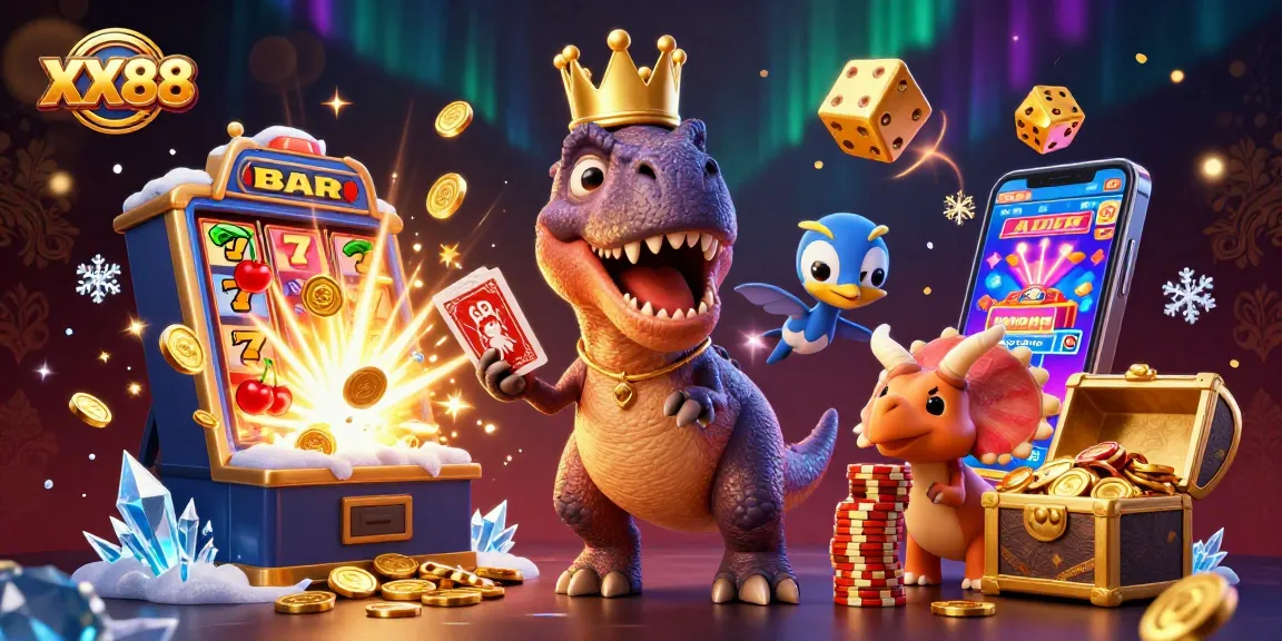 Spin slots with excitement at XX88, where a T-Rex deals cards amidst a jackpot explosion.