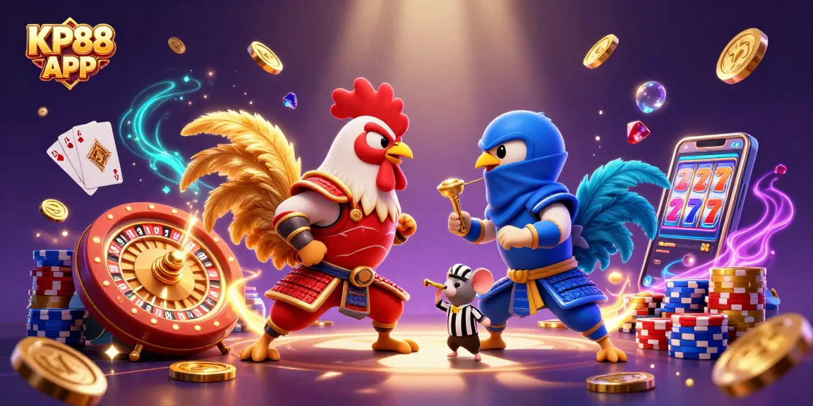 Experience the excitement of KP88 APP with fighting roosters amidst dynamic casino elements.