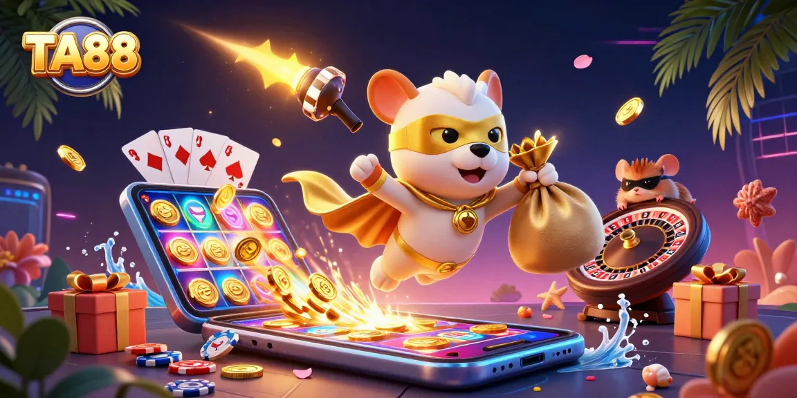 TA88 showcases a superhero dog flying with gold coins, revealing vibrant casino elements.