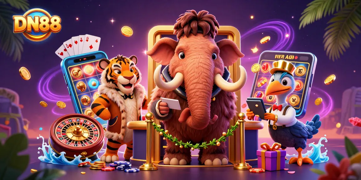 Engage with thrilling games at DN88, featuring an exciting casino scene with charming characters and vibrant elements.