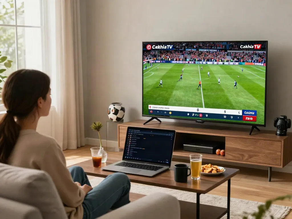 CakhiaTV live football streaming setup in a cozy home environment with snacks and football on TV.