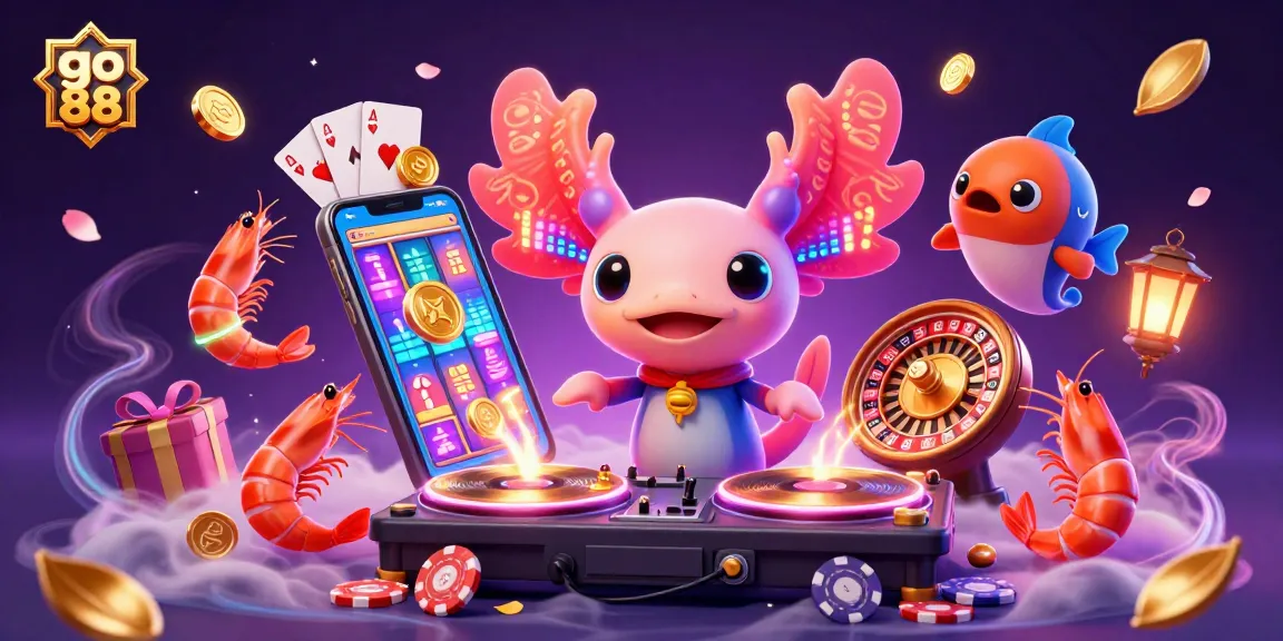Engage with go 88 through vibrant casino scenes featuring neon axolotl DJ and exciting game elements.