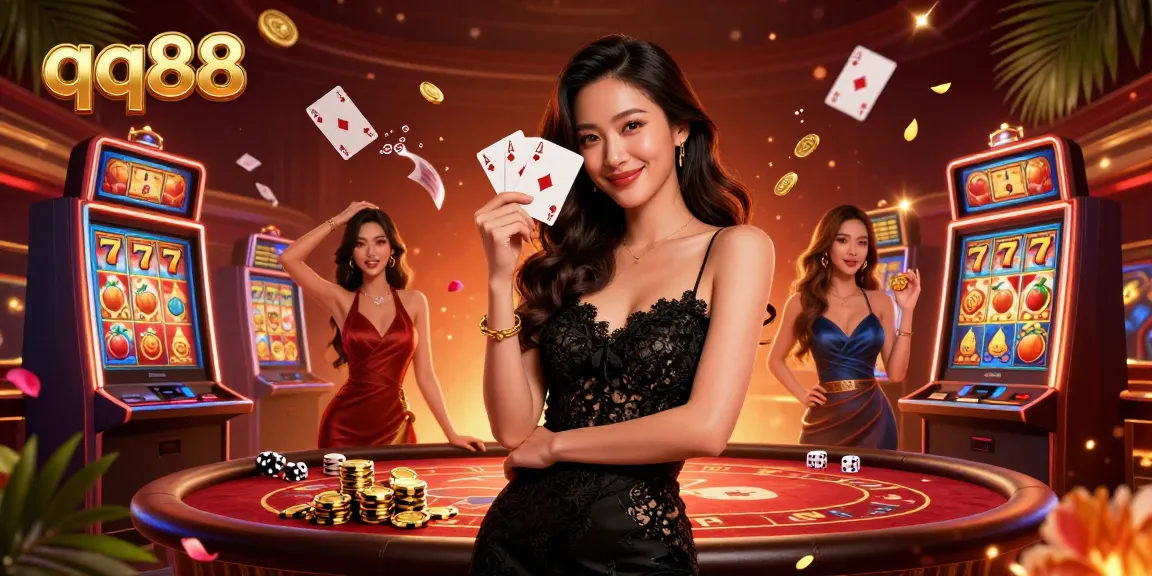 Experience thrilling gameplay with qq88 as a stunning woman shows off her winning poker hands amidst dazzling casino elements.
