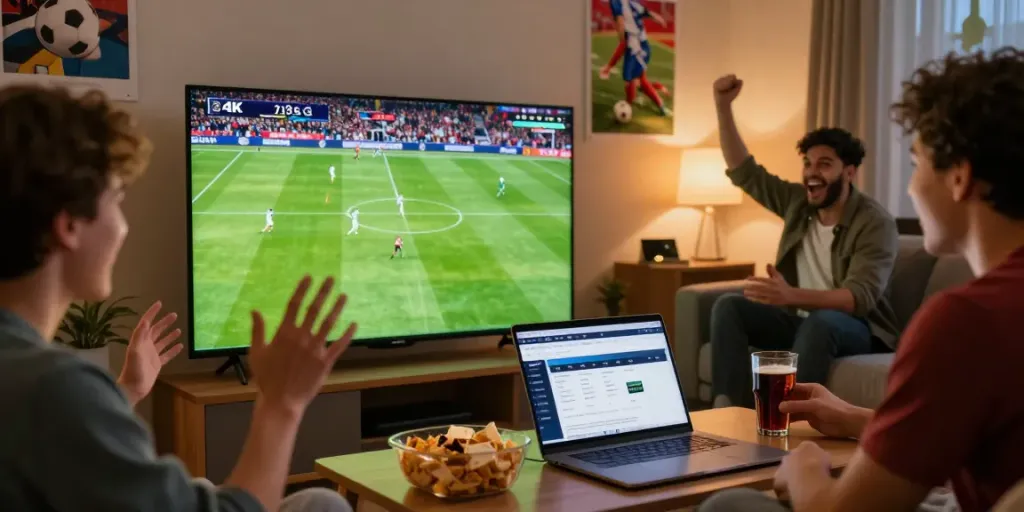 Excited viewer enjoying live football streaming on cakhiatv in a cozy living room.