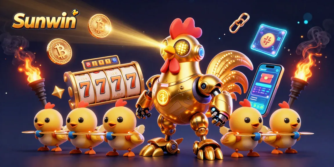 Win big with Sunwin's thrilling 3D casino adventure featuring a golden rooster robot and vibrant game elements.