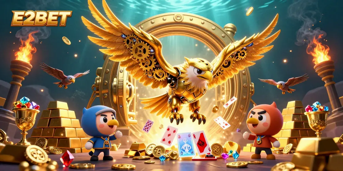 E2BET players dive into excitement with interactive gaming elements and a golden eagle for a thrilling online casino experience.