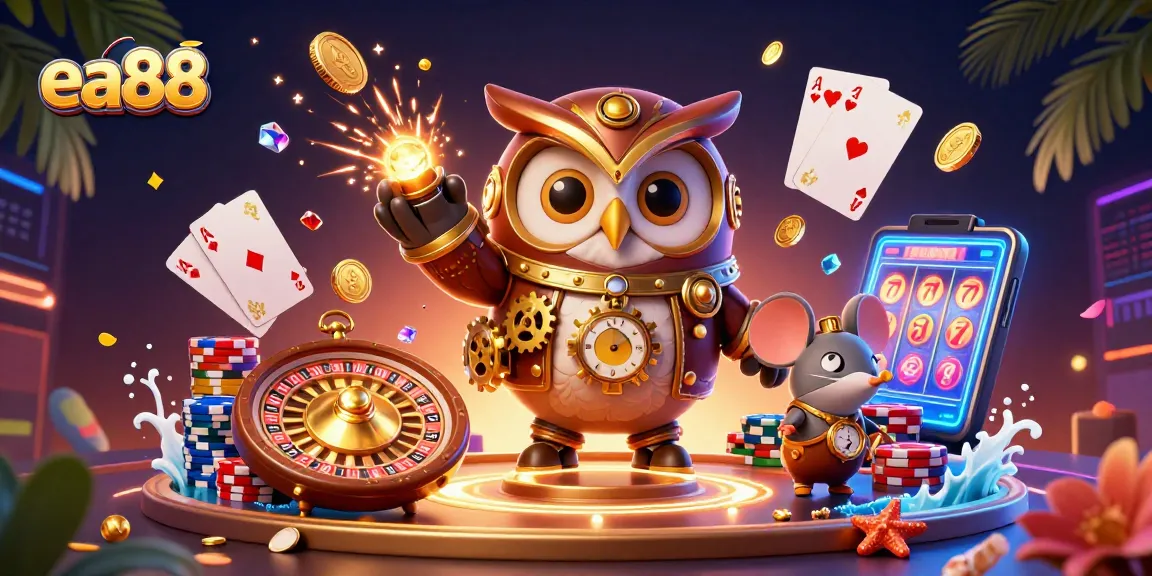 Join the exciting world of ea88, featuring a steampunk owl in a vibrant casino scene.