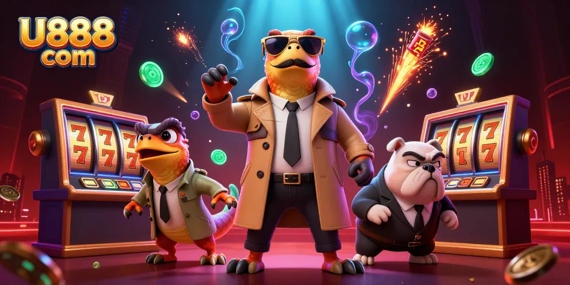 Engage in thrilling slots action with U888 com as colorful 3D raptors enter a VIP casino.