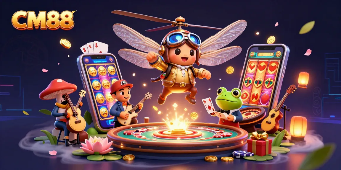 Engage in thrilling games at CM88 with a dynamic illustration featuring a frog croupier, dragonfly pilot, and vibrant casino elements.