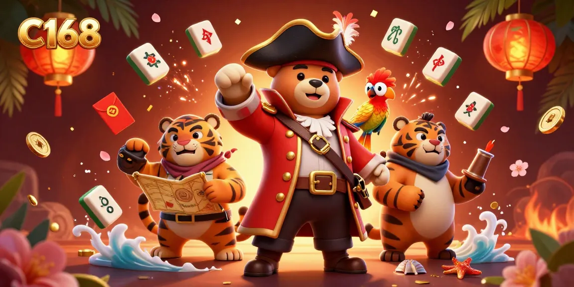 C168 players explore thrilling casino adventures with pirate bear and tiger in a vibrant, rich environment