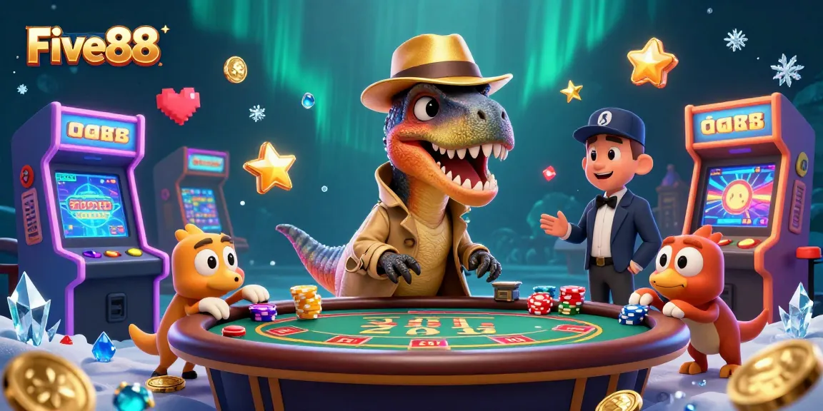 Five88 velociraptor card counter at blackjack table with gaming elements and colorful atmosphere.