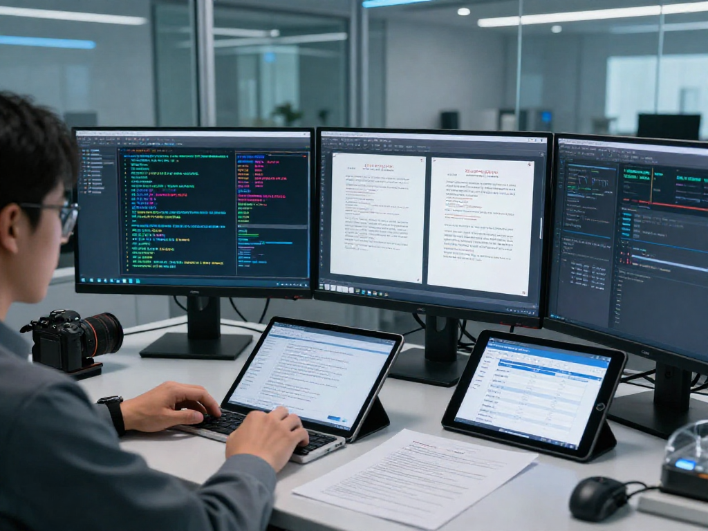 Expert analyst performing document fraud detection with advanced metadata analysis and AI verification tools, showcasing a modern security lab.