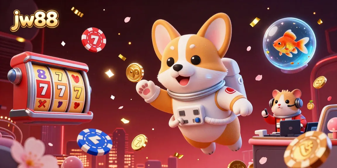 Experience fun and excitement at jw88 with an astronaut corgi in a vibrant casino filled with floating jackpots and slot symbols.