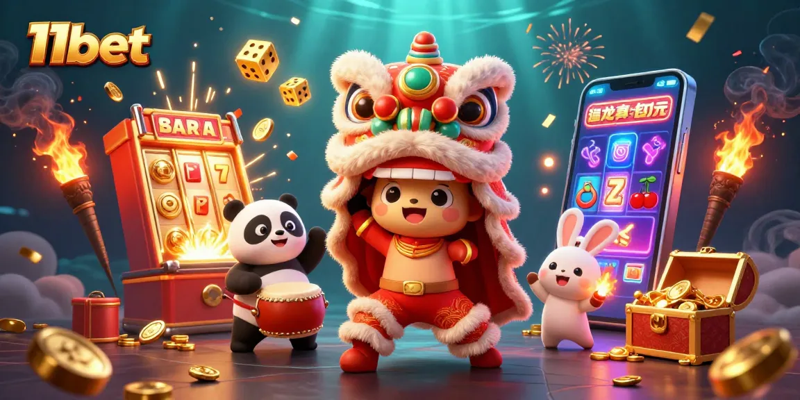 Experience the excitement of 11bet with lively characters, slot machine action, and festive decorations.