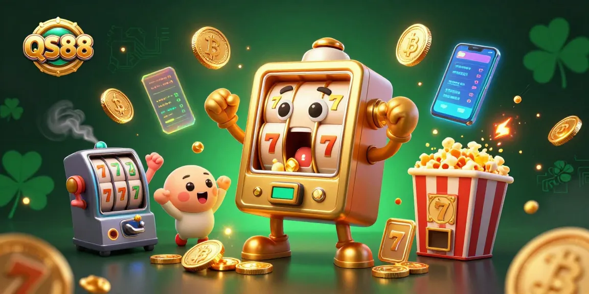 Experience the excitement of QS88 with a cartoon slot machine hitting a jackpot, surrounded by coins and crypto elements.
