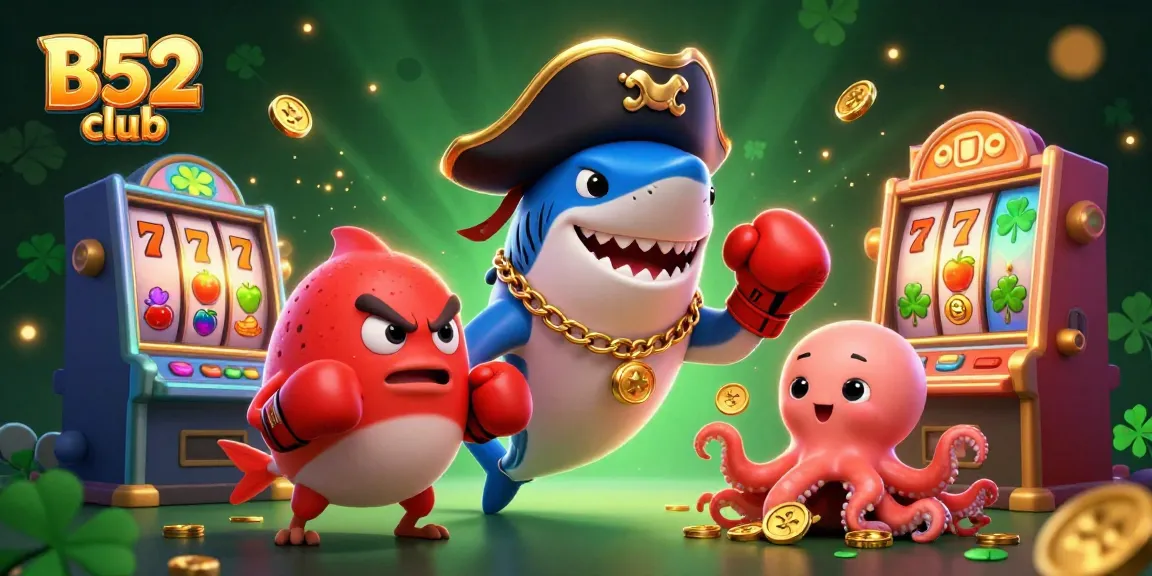 Engage with the vibrant world of B52 club as a pirate shark and friends enjoy thrilling slot games.