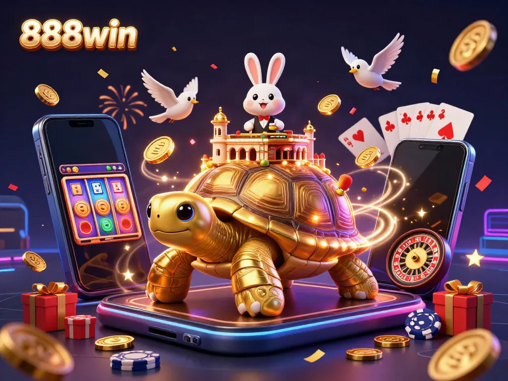 Celebrate wins at 888win with a vibrant casino scene featuring playful characters and slot games.