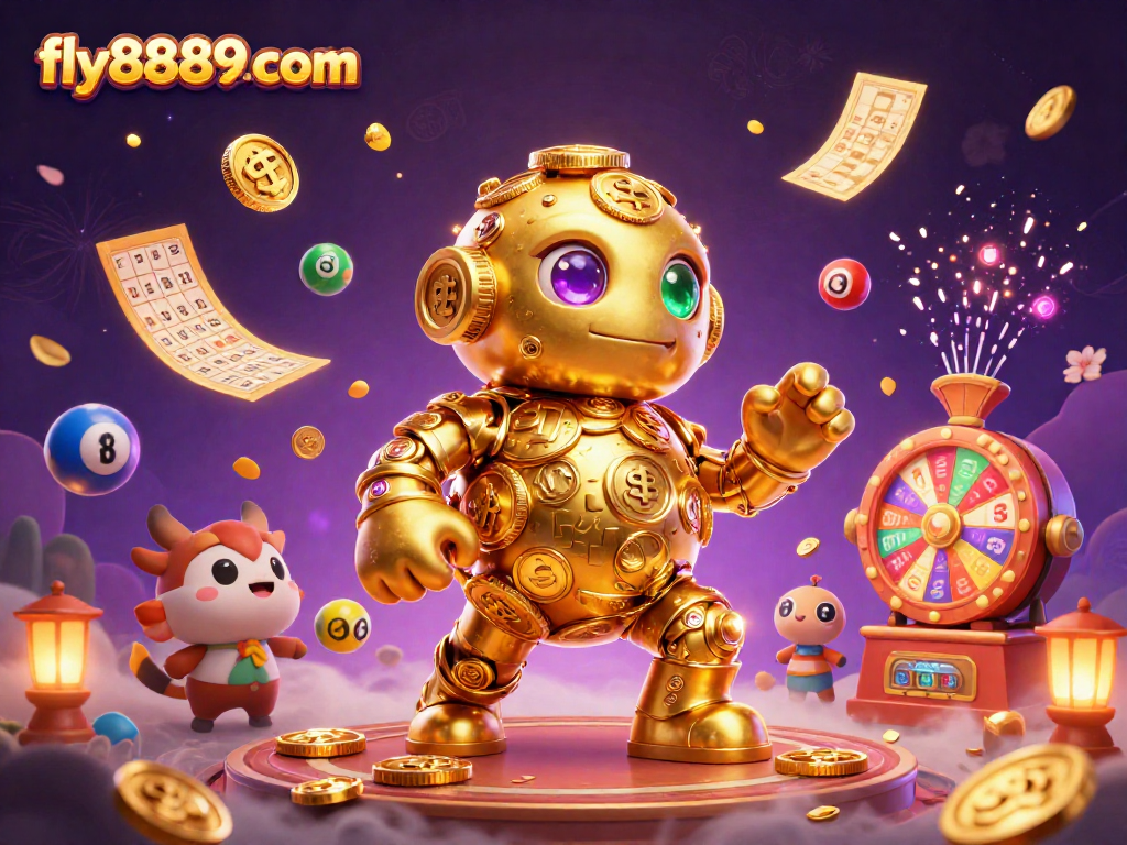 Engage in thrilling casino action with fly8889 com's dynamic gaming scene featuring a golden golem and vibrant lottery elements.