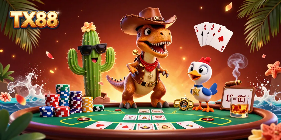 Engage in poker at TX88 with a T-Rex, cactus, and roadrunner in a vibrant casino setting.