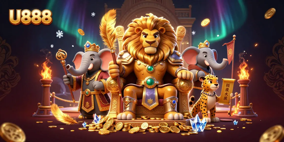 U888's vibrant casino adventure with a lion king, elephant advisor, and cheetah messenger.