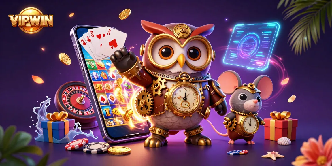 Experience the excitement of VIPWIN with dynamic casino elements, featuring a steampunk owl and immersive gameplay.