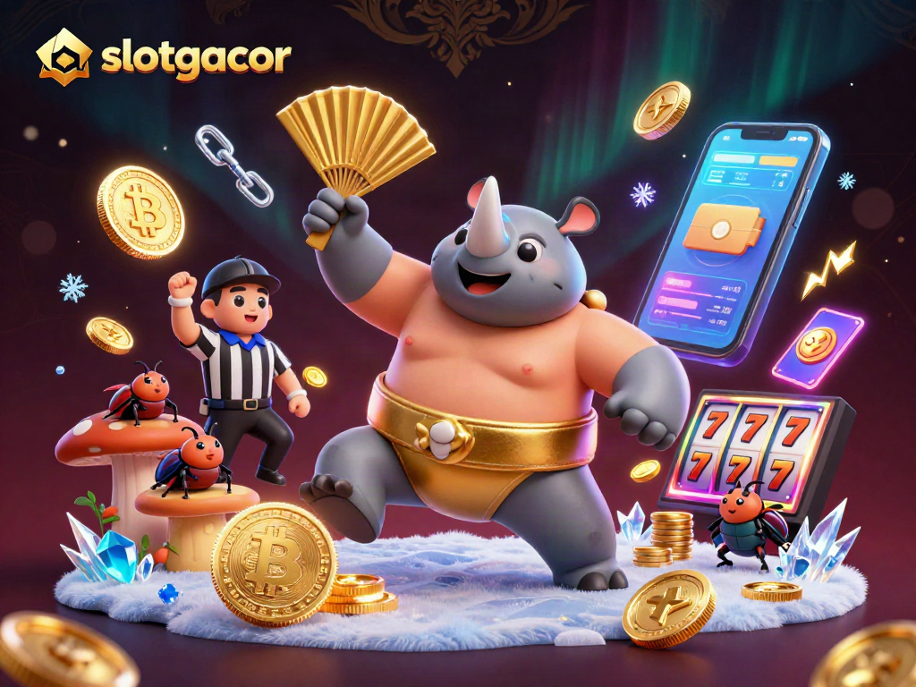 Experience thrilling slotgacor action in this 3D illustration featuring a sumo champion beetle, golden coins, and crypto elements.