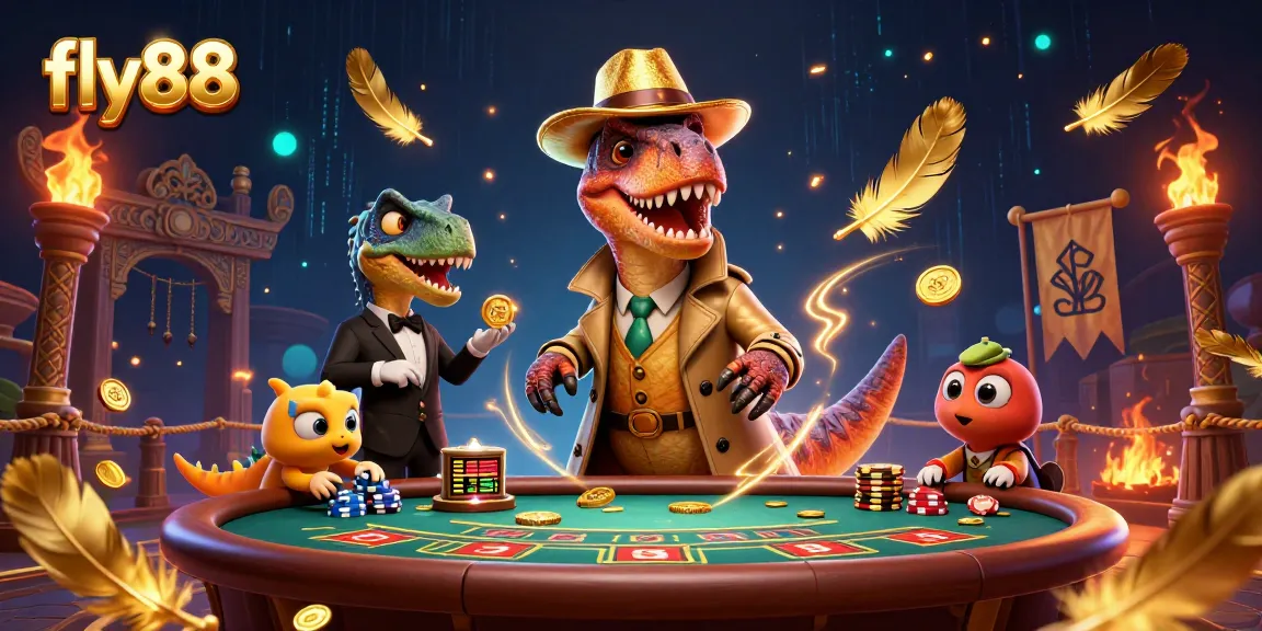 Experience thrilling action at fly88's blackjack table featuring a clever velociraptor and stegosaurus pit boss.