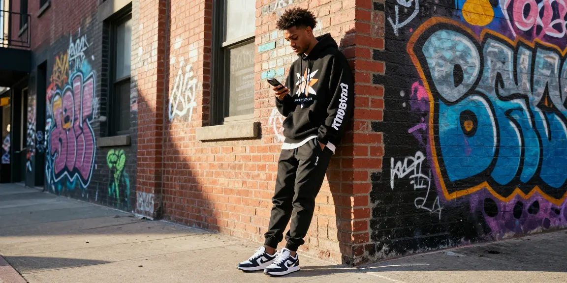 Streetwear Trapstar Italy presentato da un individuo alla moda in un ambiente urbano, evidenziando outfit trendy ed elementi culturali.