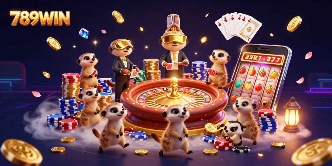 Experience excitement at 789WIN casino with meerkats, spinning reels, and golden chips.