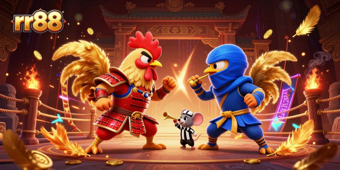 Experience the thrill of rr88 with dynamic fighting roosters, golden tokens, and an energetic arena.