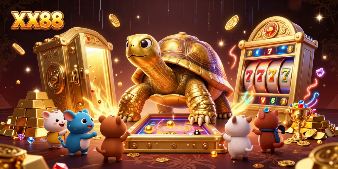 Experience thrilling gameplay with XX88's vibrant casino illustration showcasing exciting slot elements and a golden tortoise.