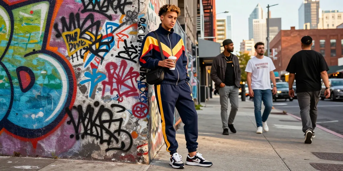 Trapstar Tuta indossata in un ambiente urbano con arte di strada, abbinata a sneakers e accessori.