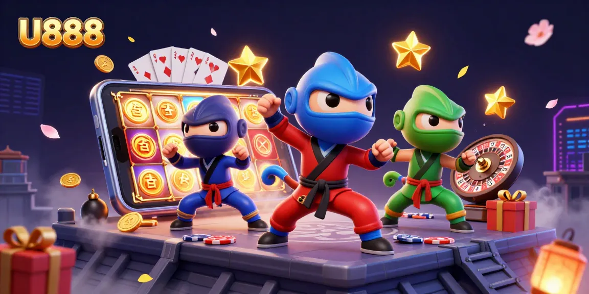 Experience the thrill of U888 with chameleon ninjas showcasing casino excitement in a vibrant 3D illustration.