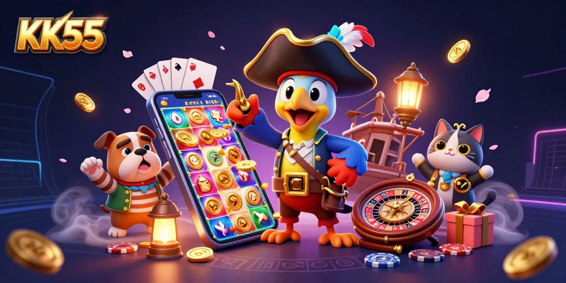 KK55 pirate-themed casino illustration showcasing vibrant slot games and exciting elements.
