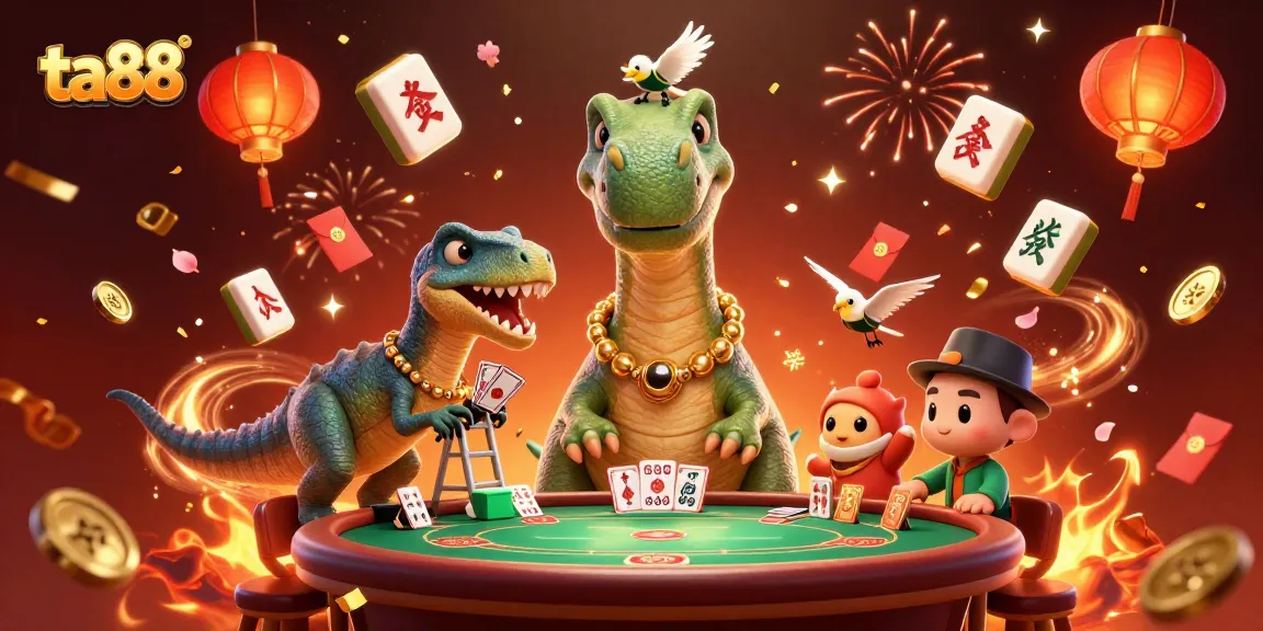 Experience ta88's vibrant casino scene with a dinosaur poker game and festive elements.