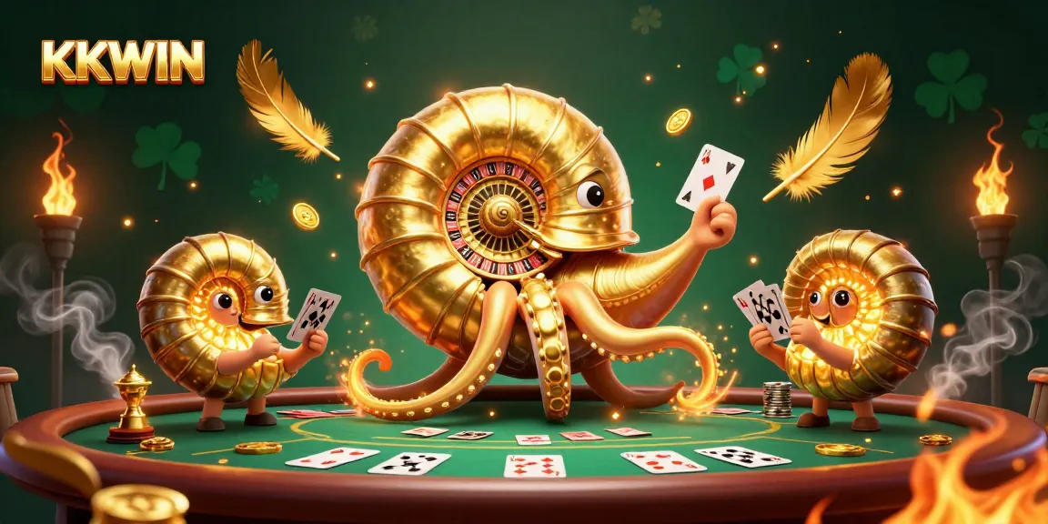 Experience thrilling poker action at KKWIN with vibrant casino elements and golden nautilus design.