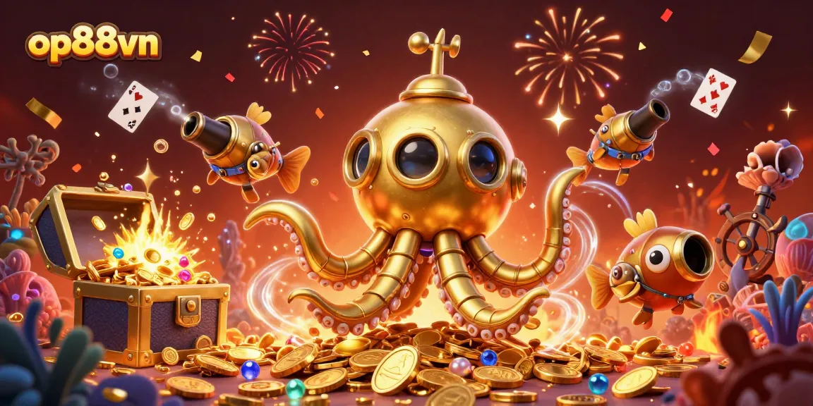 Engage in thrilling gameplay with op88vn, surrounded by a fantastical 3D casino scene featuring golden treasures and vibrant elements.